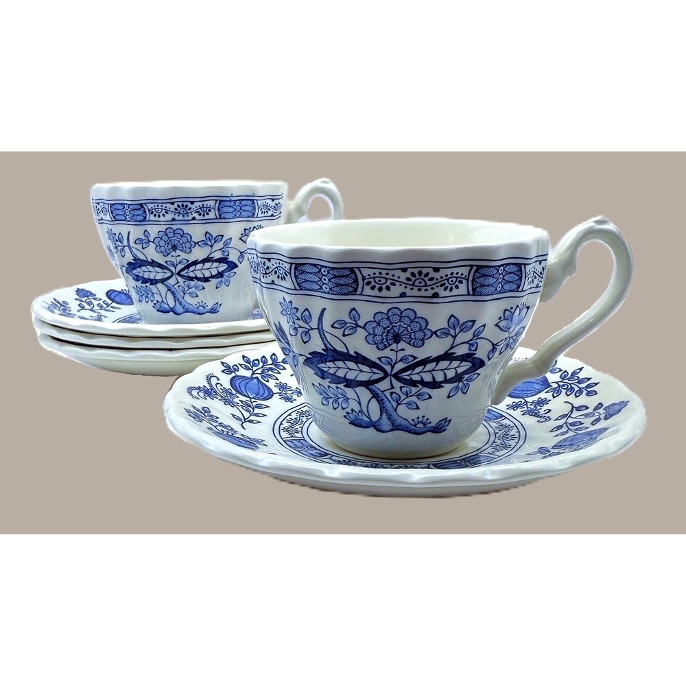 1980s Myott Meakin Blue White Onion Nordic 4 Saucers & 2 cups Repl 6 Pcs England